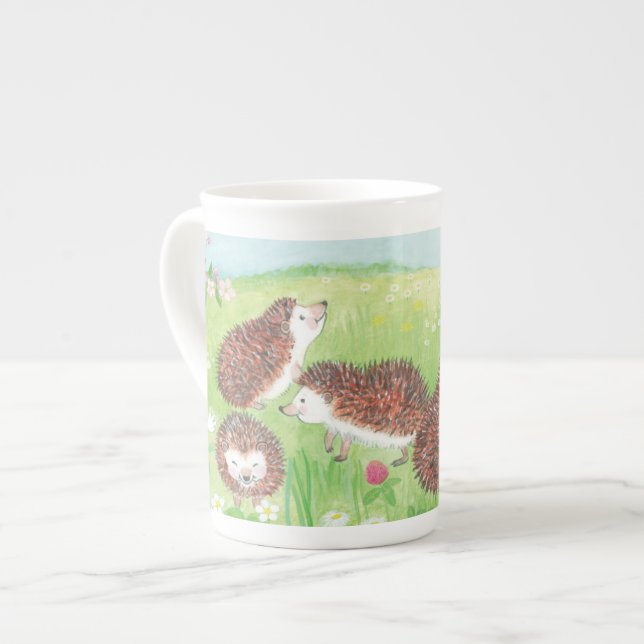 Four Little Hedgehogs in the Flowering Meadow Bone China Mug (Front Left)