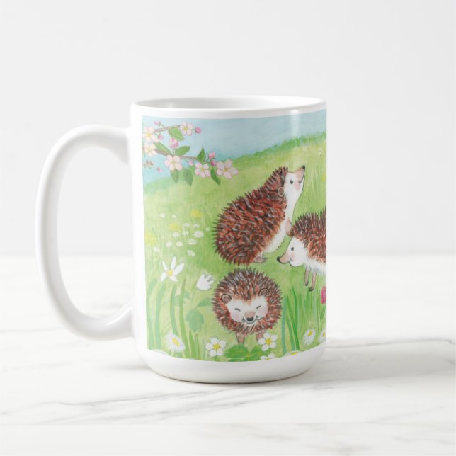 Four Little Hedgehogs in the Flowering Meadow Coffee Mug (Left)