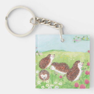 Four Little Hedgehogs in the Flowering Meadow Keychain