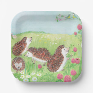 Four Little Hedgehogs in the Flowering Meadow Paper Plate