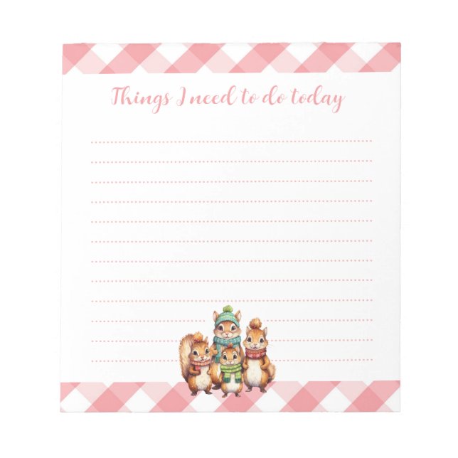 Four Little Squirrels Cute Pink Gingham To Do List Notepad (Front)