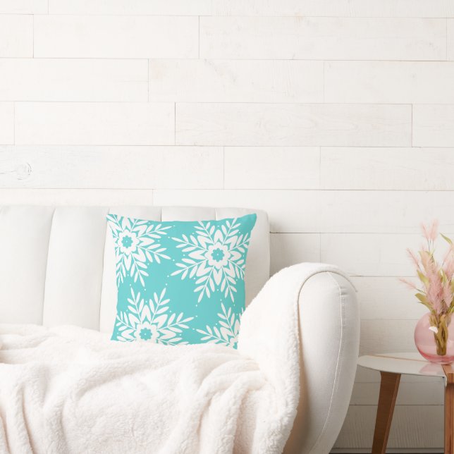 Four Mint White Snowflakes Throw Pillow (Couch)