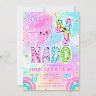 Four Nado Rainbow Glitter 4th Birthday Party Invitation
