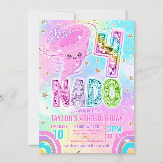 Four Nado Rainbow Glitter 4th Birthday Party  Invitation (Front)