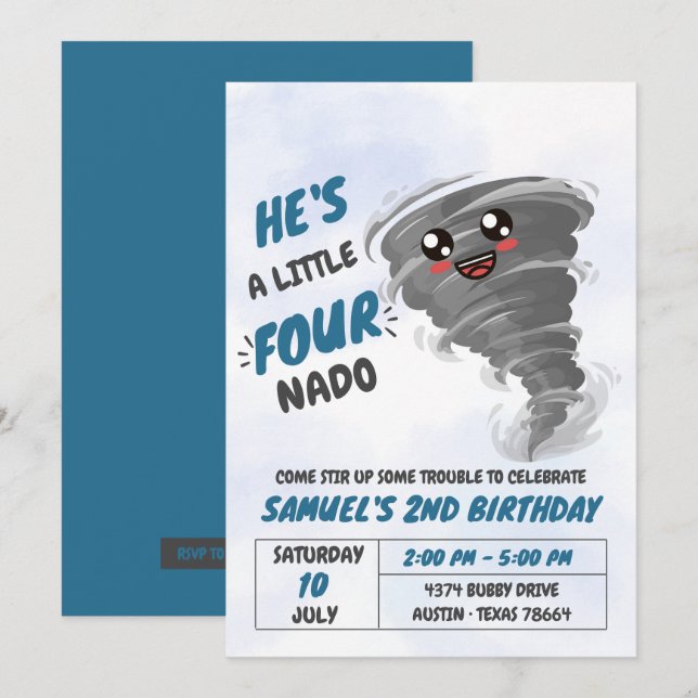 Four-Nado Tornado Fourth Birthday Party  Invitation (Front/Back)