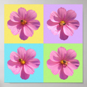 Four-Panel Cosmos Flowers with Honeybee Poster