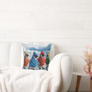 Four Penguins Ice Skating On Arctic Lake Throw Pillow