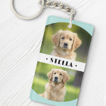 Four pet dog photos light aqua blue curved borders keychain<br><div class="desc">Keyring featuring your custom photos and your pets name with light aqua blue (or custom colour),  curved borders top and bottom. You can add four different photos. Change colours and fonts,  move and resize the photos in the design tool.</div>