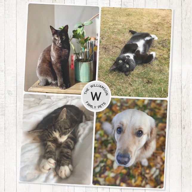 Four Pet Photo Personalized Monogram Keepsake Fleece Blanket (Four pet photo personalized monogram initial family name keepsake fleece blanket)