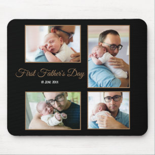 Four Photo Collage First Fathers Day Script Black Mouse Pad