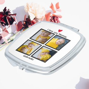 Four Photo Collage Heart Personalized Custom Text Compact Mirror