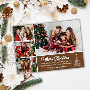 Four photo collage modern cute brown Christmas Holiday Card