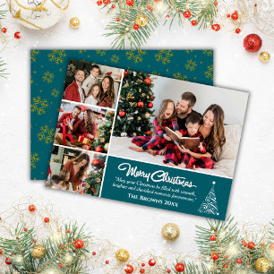 four photo collage modern cute teal christmas holiday card