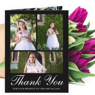 Four Photo Greenery First Communion Black Thank You Card