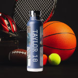 Four Photo Personalized Name Water Bottle<br><div class="desc">Sports Jersey style font with four rounded corner photo frames. Customize to choose your font,  colour,  crop or remove photos and change bottle colour.</div>