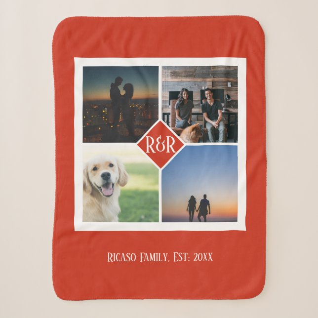 Four Photo Template and Monogram Personalized Red Sherpa Blanket (Front)