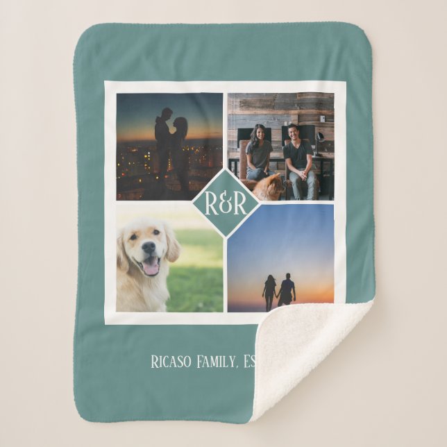 Four Photo Template Monogram Personalized Green Sherpa Blanket (Front)