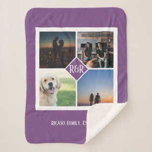 Four Photo Template Monogram Personalized Purple Sherpa Blanket