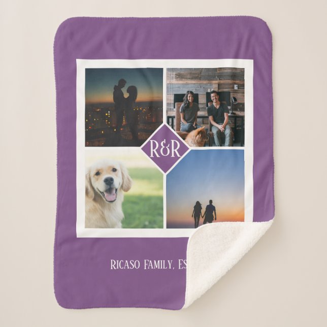 Four Photo Template Monogram Personalized Purple Sherpa Blanket (Front)