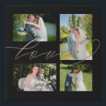 Four Photos Collage Love Elegant Script Wedding Faux Canvas Print<br><div class="desc">A great memento from your big day, simply swap in your four favourite pictures from your wedding day. The word Love overlaps them slightly and is set in a romantic gold script.The black background colour can be changed to a different colour if you so wish via the Click to Customize...</div>