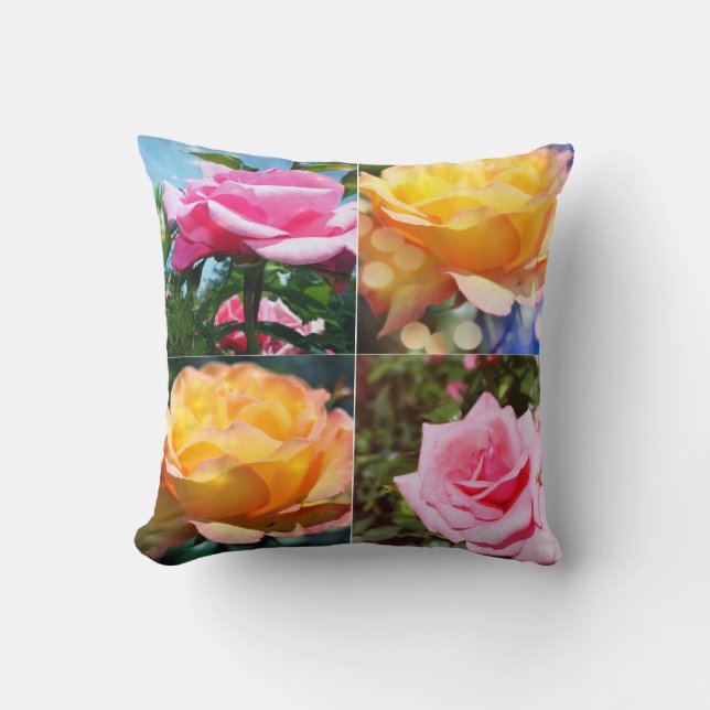 four pink and yellow rose flowers throw pillow (Front)