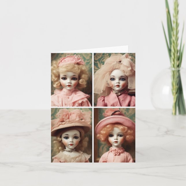 Four Pink Creepy Vintage Dolls  Card (Front)