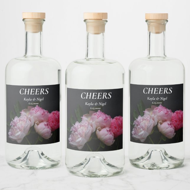 Four pink peonies wedding liquor bottle label (Bottles)