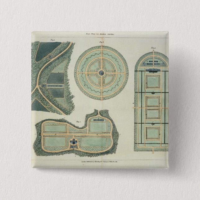 Four Plans for Kitchen Gardens, from 'Hints on the 2 Inch Square Button (Front)