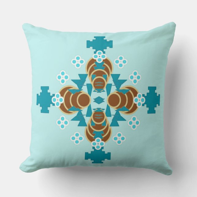 Four point Mandala - aqua, brown and turquoise Throw Pillow (Front)