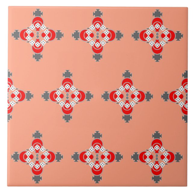 Four point Mandala, Coral, Grey / Grey and Red Tile (Front)