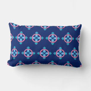 Four point Mandala, Indigo Blue, Turquoise & Pink Lumbar Pillow