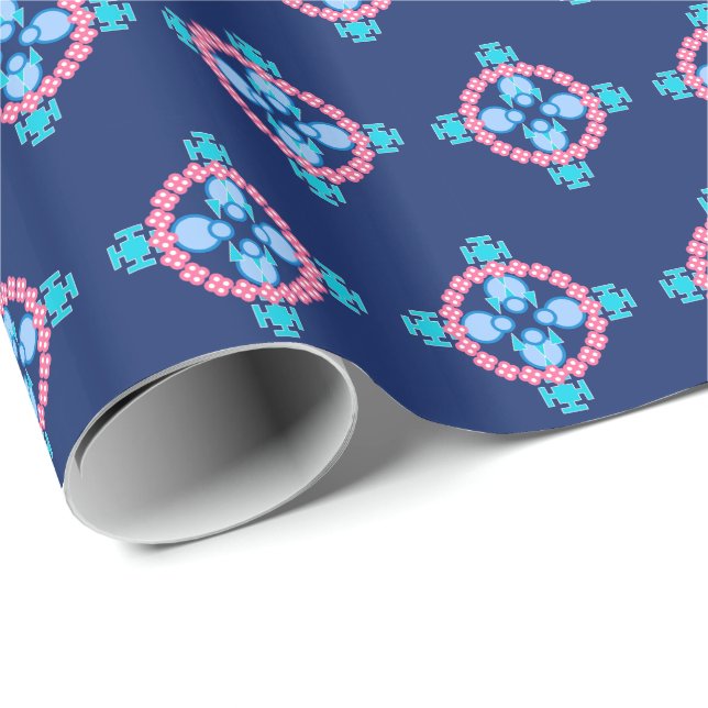 Four point Mandala, Indigo Blue, Turquoise & Pink Wrapping Paper (Roll Corner)