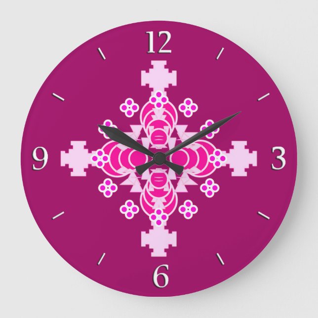Four point Mandala - pale pink and plum Large Clock (Front)