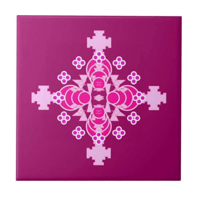 Four point Mandala Pattern, Pale Pink and Plum Tile (Front)