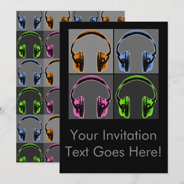 Four Pop Art Headphones Invitation (Front/Back)