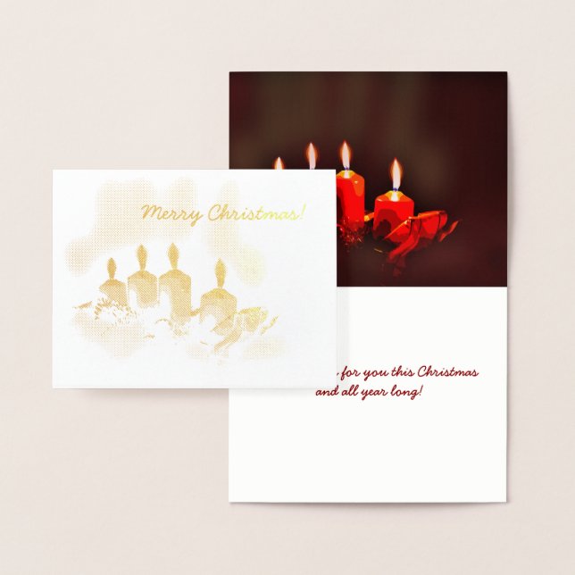 Four Pretty Gold Candles Merry Christmas Foil Card (Display)