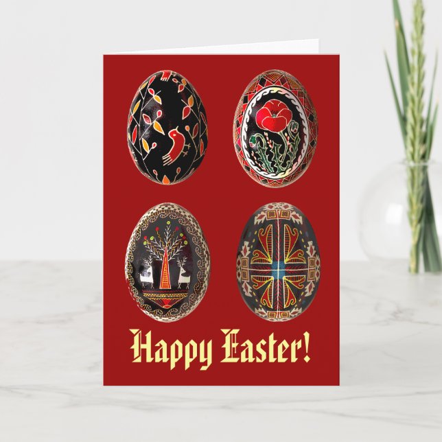 Four Pysanka Eggs on an Easter Card (Front)