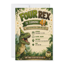 Four Rex Dinosaur 4th Birthday Invitation 