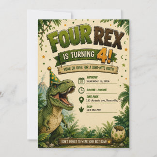 Four Rex Dinosaur 4th Birthday Invitation 