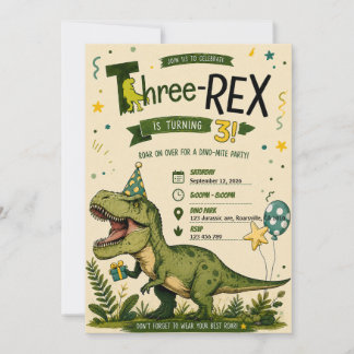 Four Rex Dinosaur 4th Birthday Invitation 