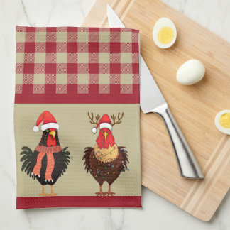 Four Santa Chickens - Red and Tan Lumberjack Plaid Kitchen Towel