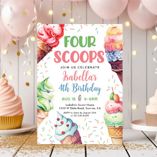 Four Scoops Girls Ice Cream 4th Birthday  Invitation