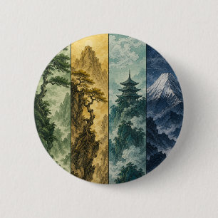 Four Seasons Mountain Japanese Ink Landscape 2 Inch Round Button