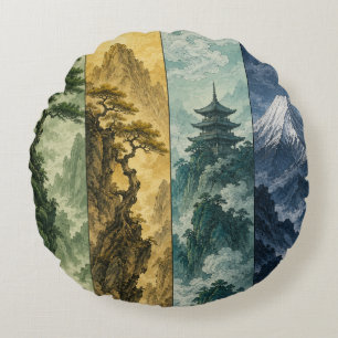 Four Seasons Mountain Japanese Ink Landscape Round Pillow