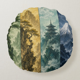 Four Seasons Mountain | Japanese Ink Landscape Round Pillow