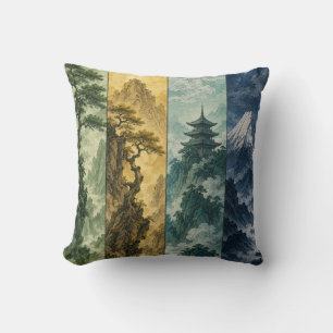 Four Seasons Mountain Japanese Ink Landscape Throw Pillow
