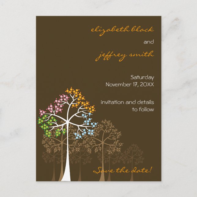 Four Seasons Trees Woodland Wedding Save The Date Announcement Postcard (Front)