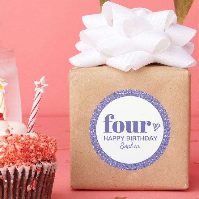 Four Simple Purple 4th Birthday with Name Classic Round Sticker (Party)