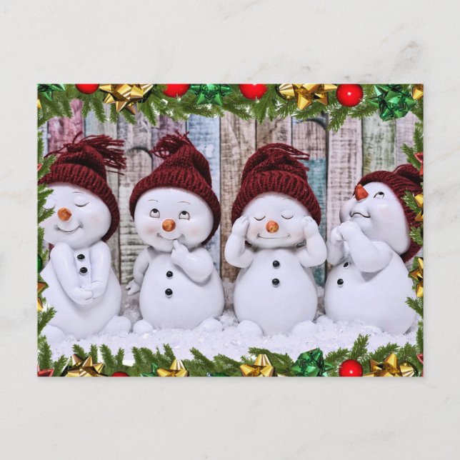 Four smiling toy snowmen postcard (Front)