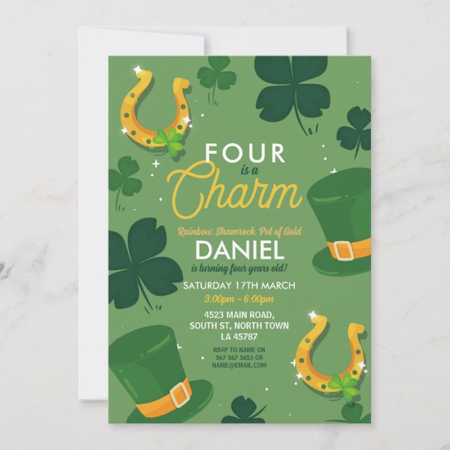 Four St. Patricks Day 4th Birthday Party Invite  (Front)